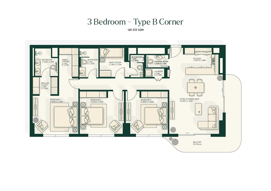 3 Beds 1567 Sq. Ft. Apartment in Aldar Gardenia Bay Apartments