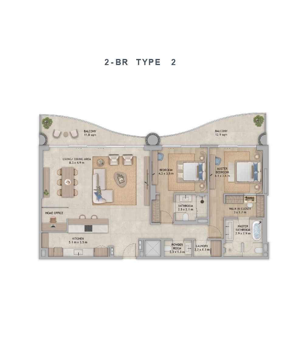 Aldar Mamsha Palm 2 Beds Layout