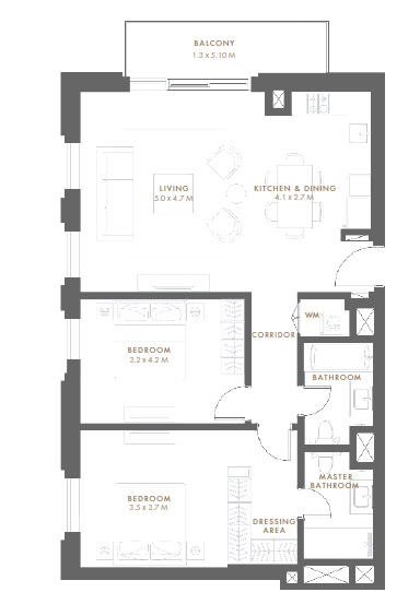 Aldar Reflection 2 Beds Layout