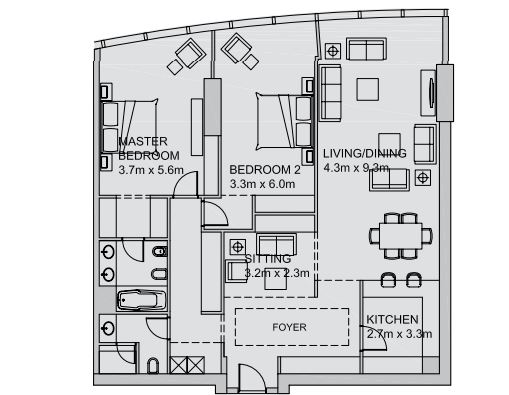 Aldar Sun Tower 2 Beds Layout