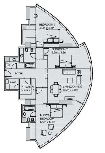 Aldar Sun Tower 3 Beds Layout