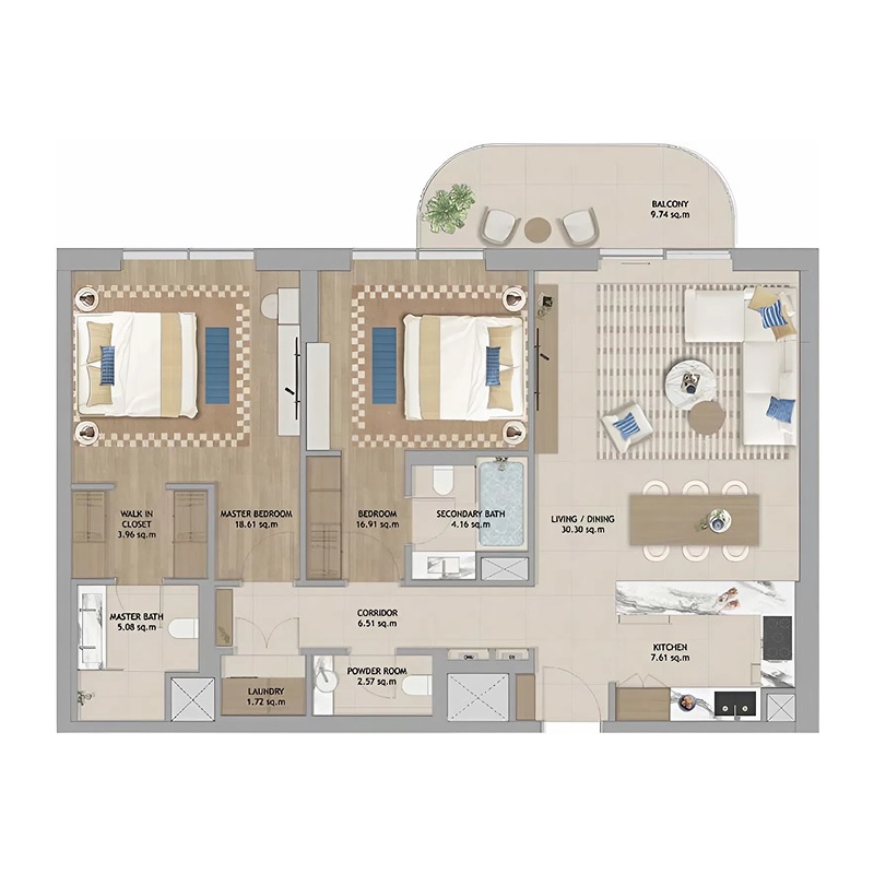 Aldar The Beach House Fahid 2 Beds Layout