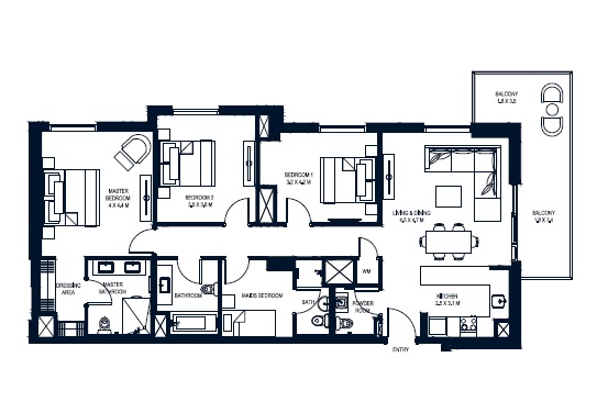 Aldar Waters Edge 3 Beds Layout