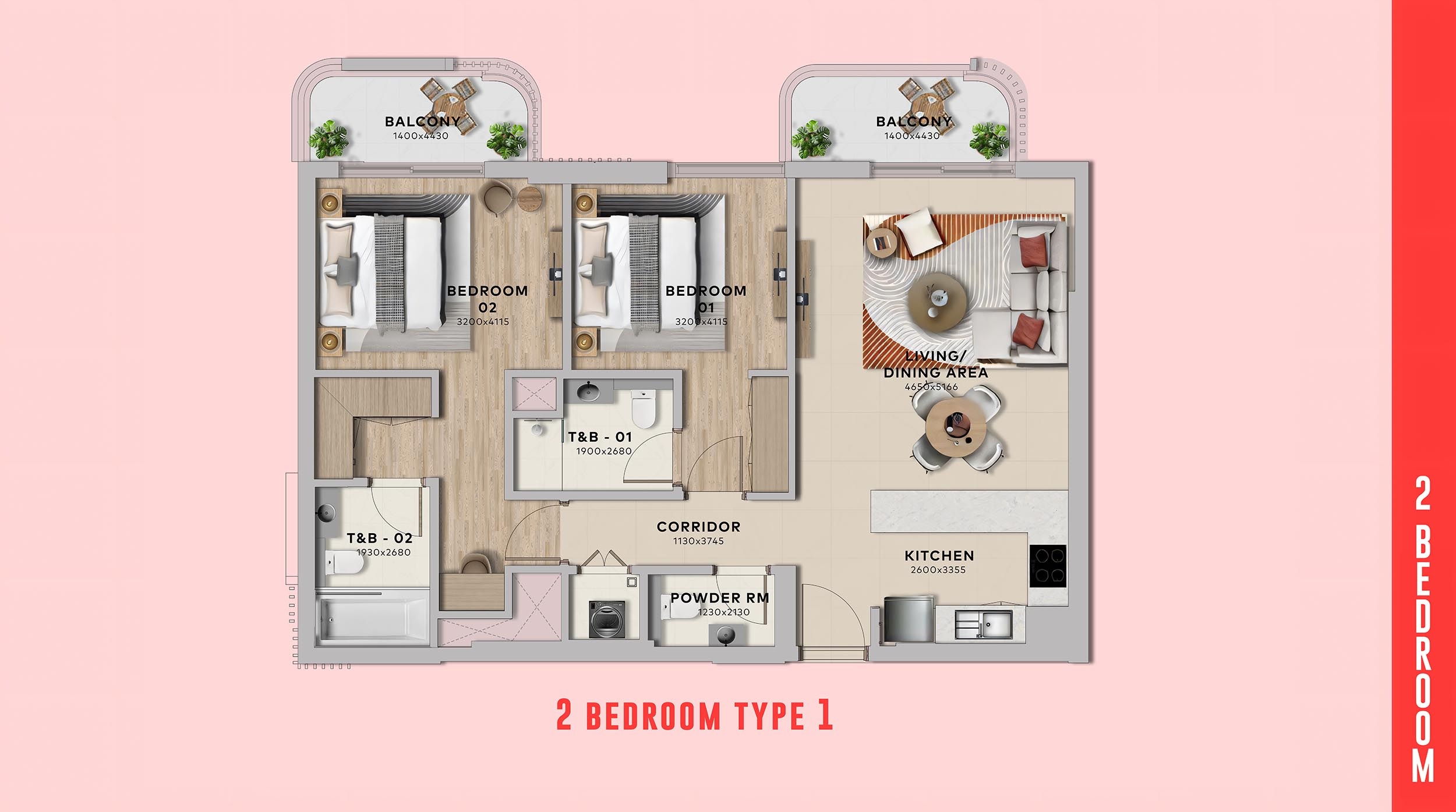 Aldar Yas Living 2 Beds Layout