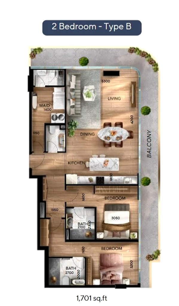 2 Beds 1701 Sq. Ft. Apartment in Radiant Atrium Towers