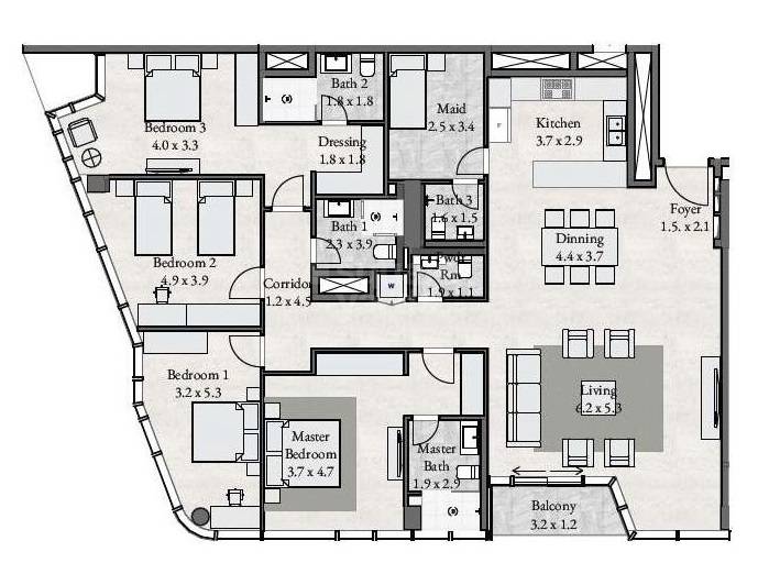Radiant Square Apartments 4 Beds Layout