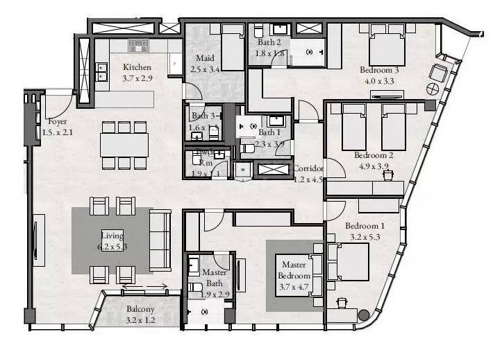 Radiant Square Apartments 4 Beds Layout