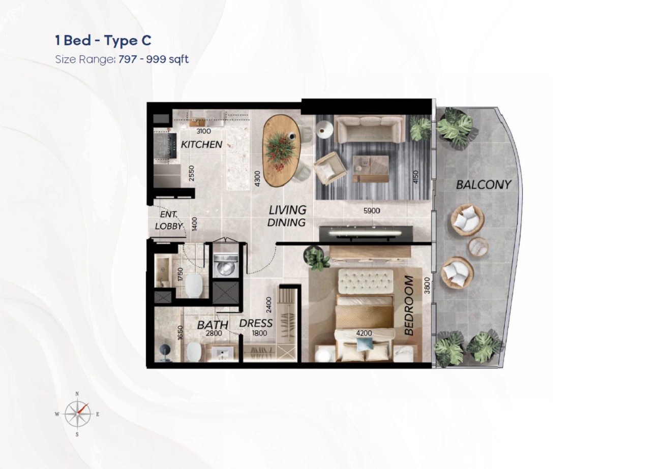 Radiant Waves 1 Bed Layout