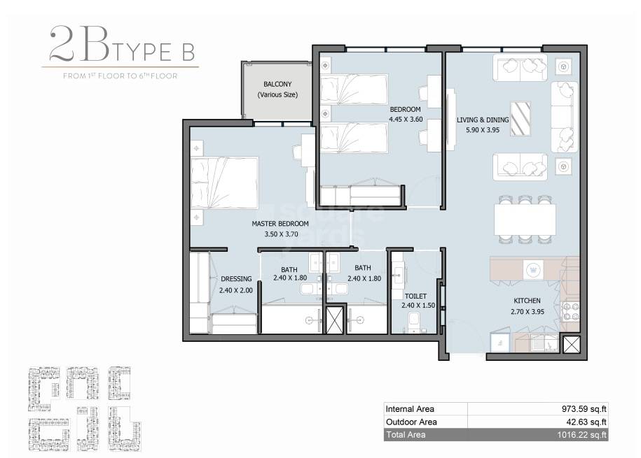 2 Beds 892 Sq. Ft. Apartment in Reportage Royal Park