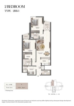 2 Beds 1319 Sq. Ft. Apartment in Royal Radisson Residences
