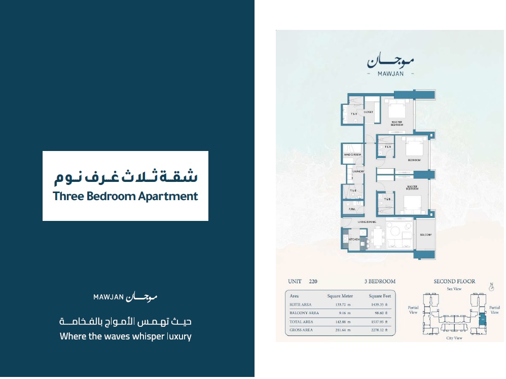 Aqaar Mawjan Apartments 3 Beds Layout