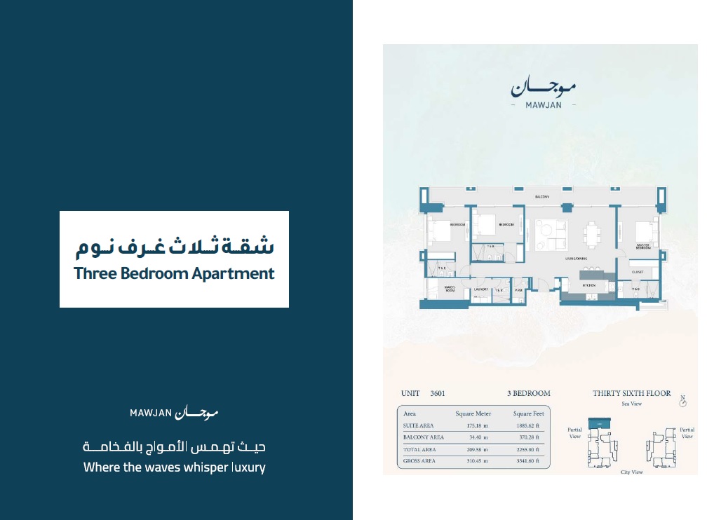 Aqaar Mawjan Apartments 3 Beds Layout