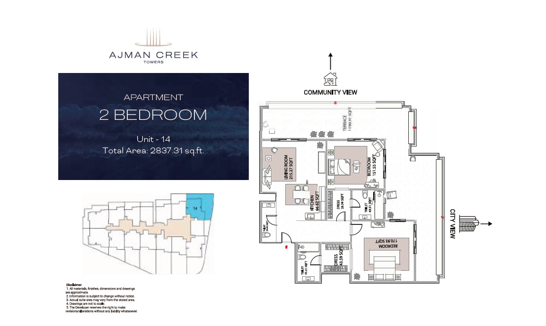 GJ Ajman Creek Towers 2 Beds Layout