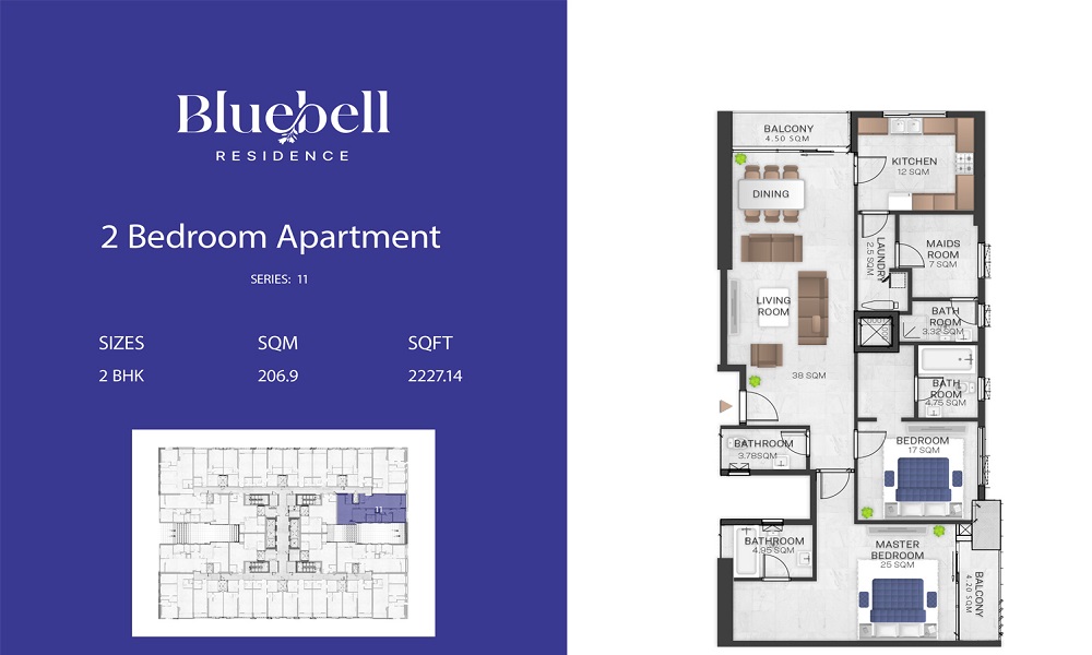 2 Beds 2227 Sq. Ft. Apartment in GJ Bluebell Residence