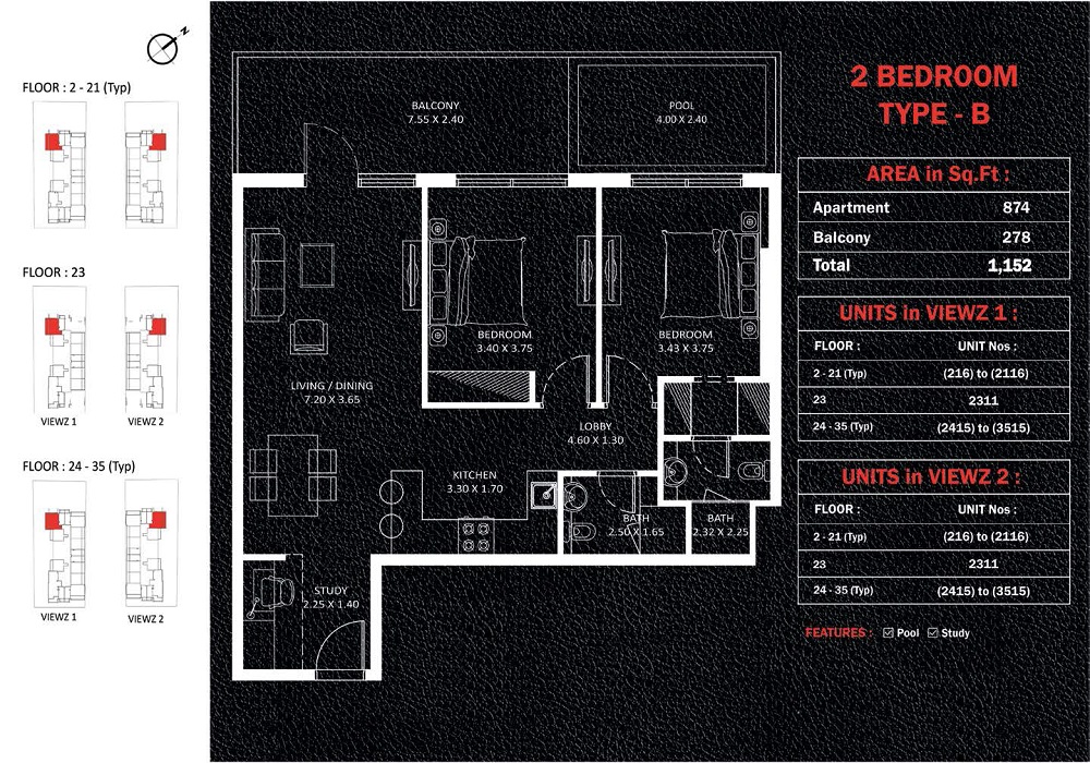 Danube Viewz 2 Beds Layout