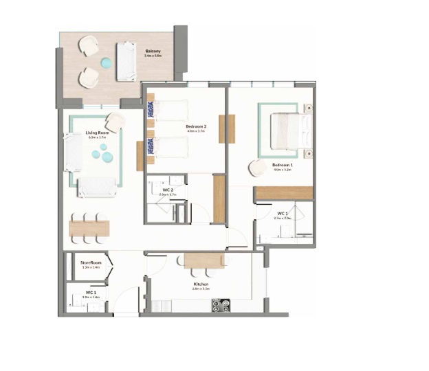 2 Beds 1356 Sq. Ft. Apartment in Abdulwahed Cresswell Residences