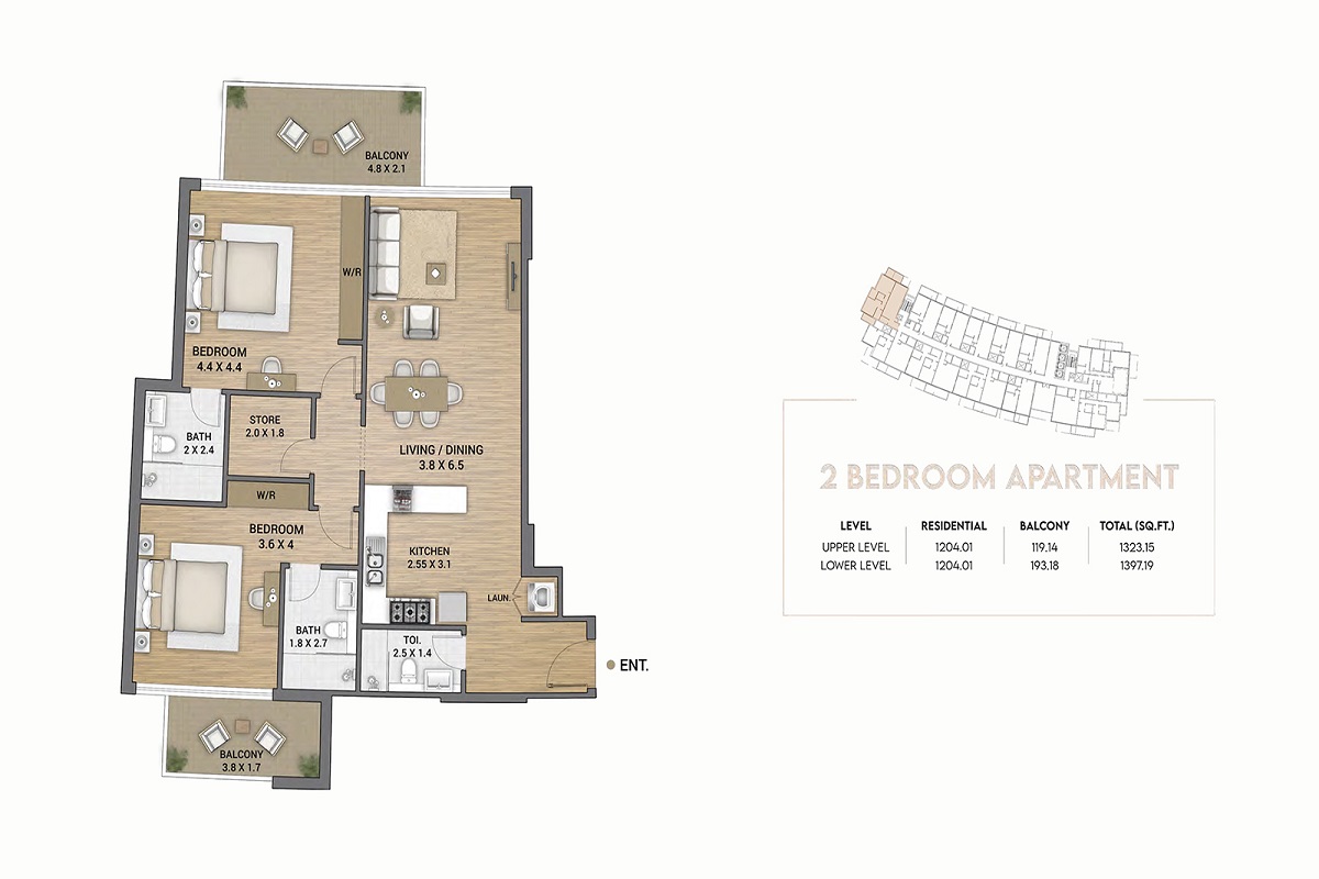 Al Ansari Ocean Tower 2 Beds Layout