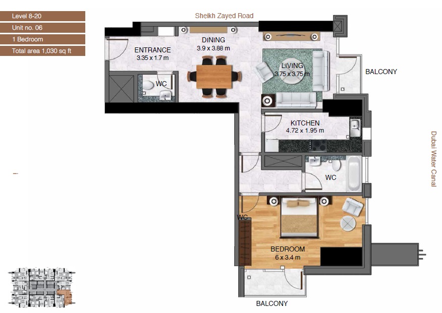 Al Habtoor Amna Tower 1 Bed Layout