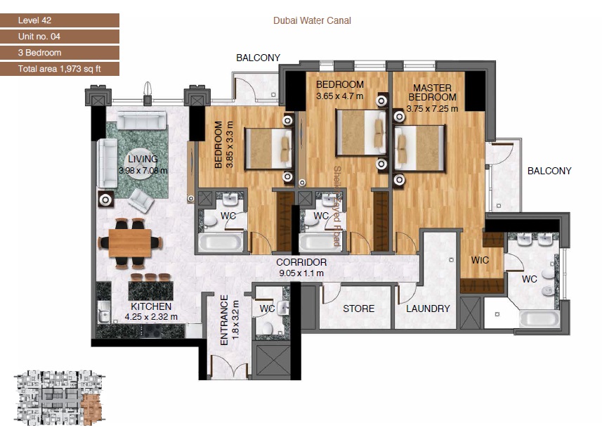 Al Habtoor Amna Tower 3 Beds Layout