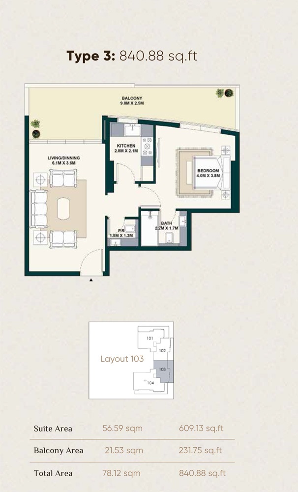 Al Marina Exotica 1 Bed Layout