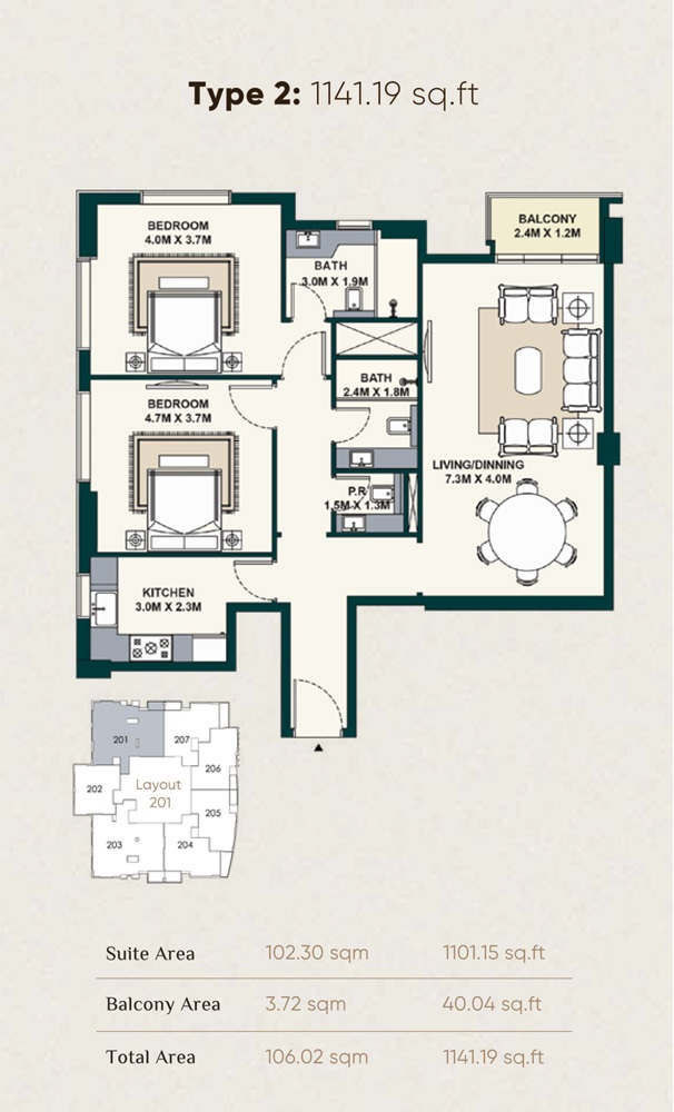 Al Marina Exotica 2 Beds Layout