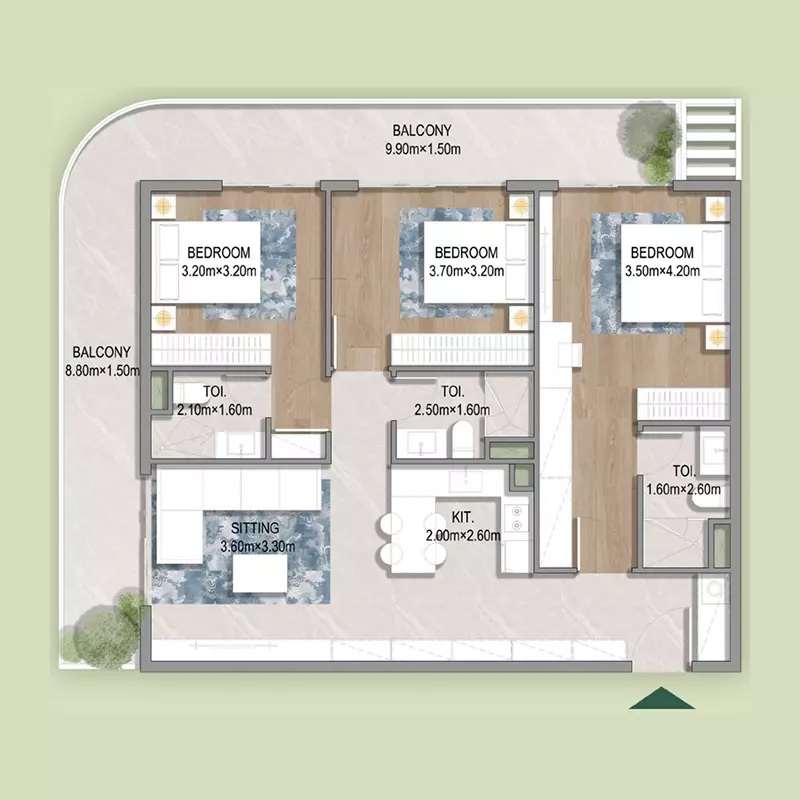 Al Oasis Residences 3 Beds Layout