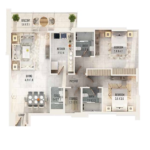 Al Sayyah Residence 2 Beds Layout