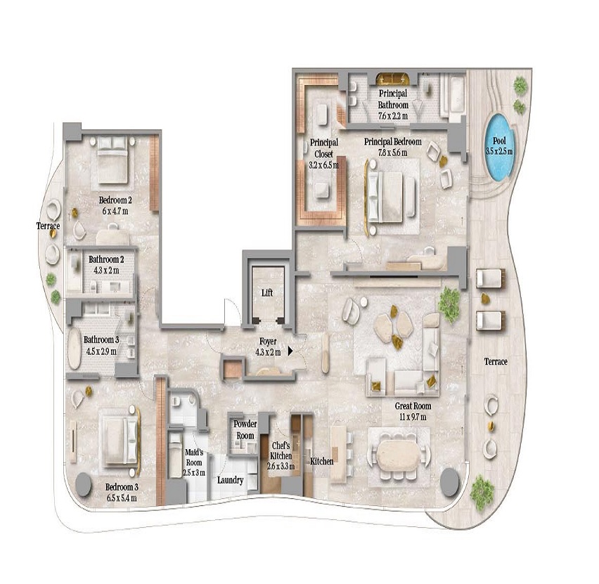 Alta Maison Margiela Residence 3 Beds Layout