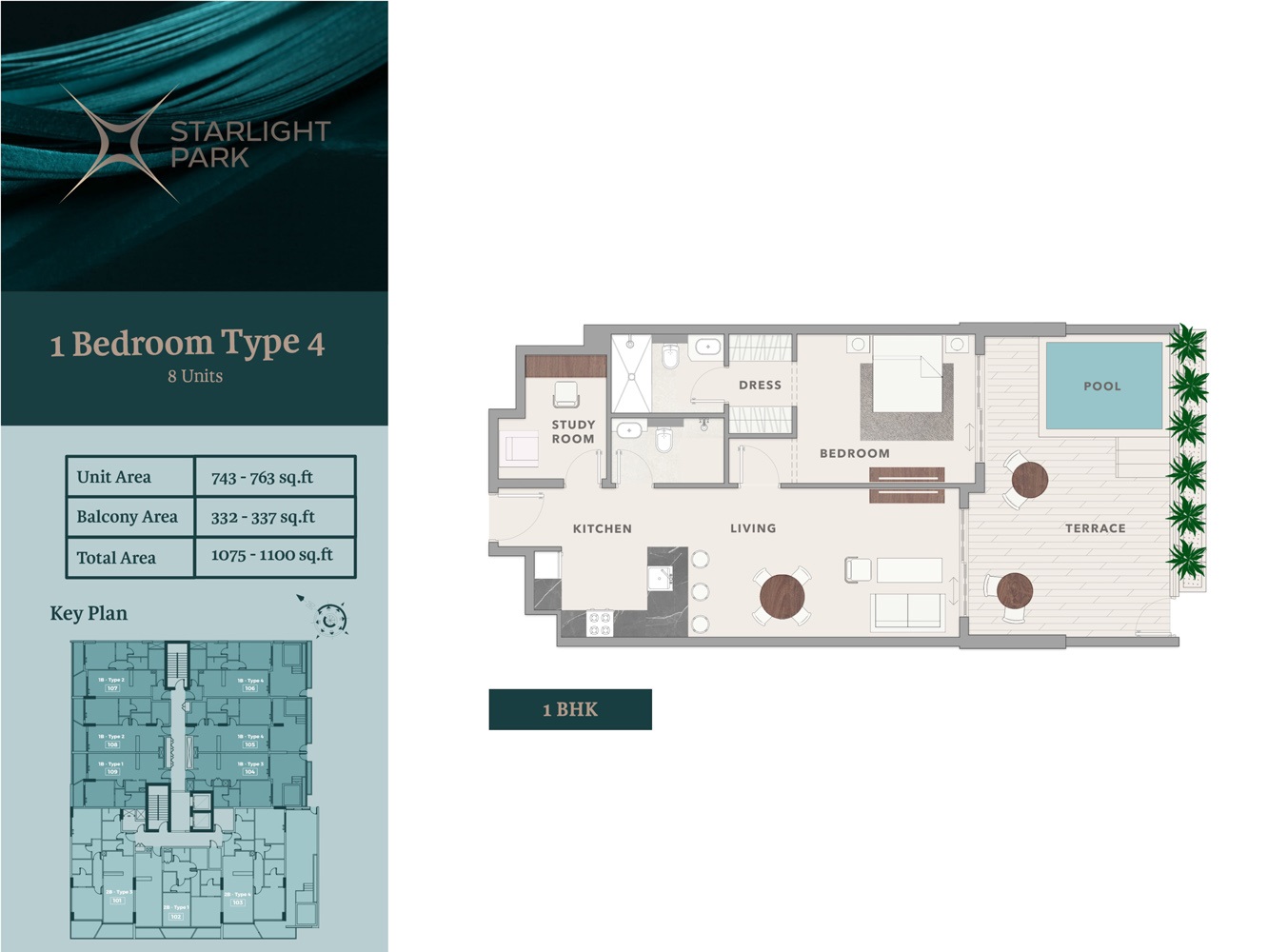 Amwaj Starlight Park 1 Bed Layout