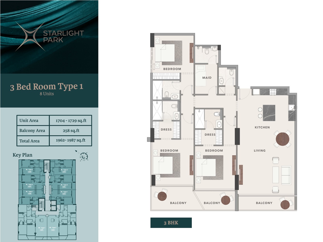 Amwaj Starlight Park 3 Beds Layout