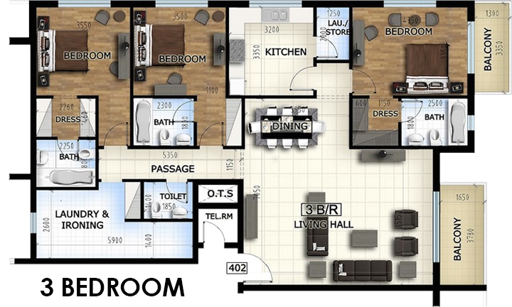 Aqua J8 3 Beds Layout