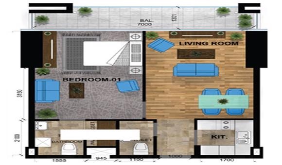 Aqua Park Inn Residence 1 Bed Layout