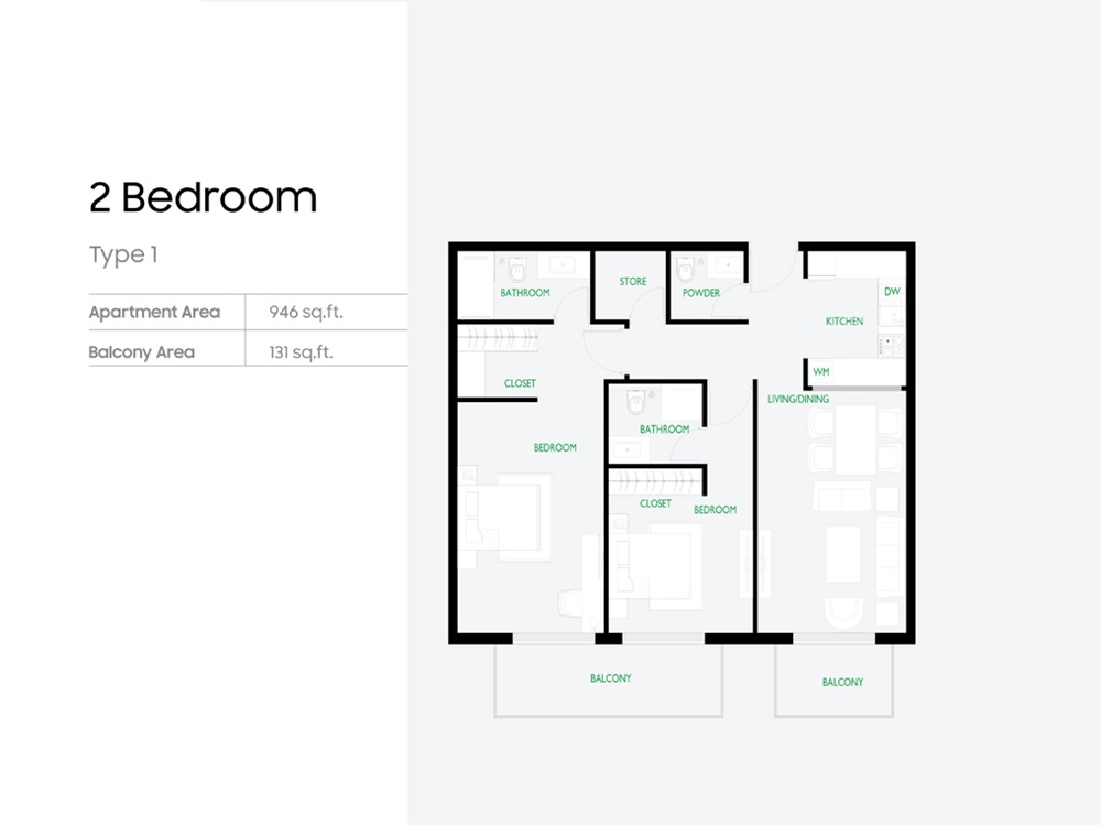 2 Beds 946 Sq. Ft. Apartment in Aqua The Community