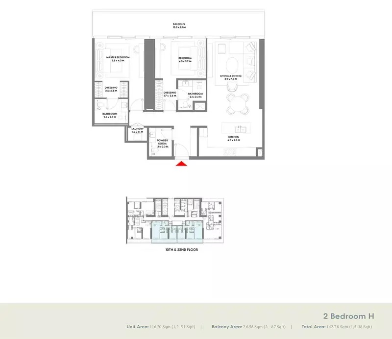 Arada W Residences 2 Beds Layout