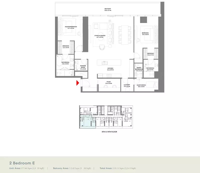 Arada W Residences 2 Beds Layout