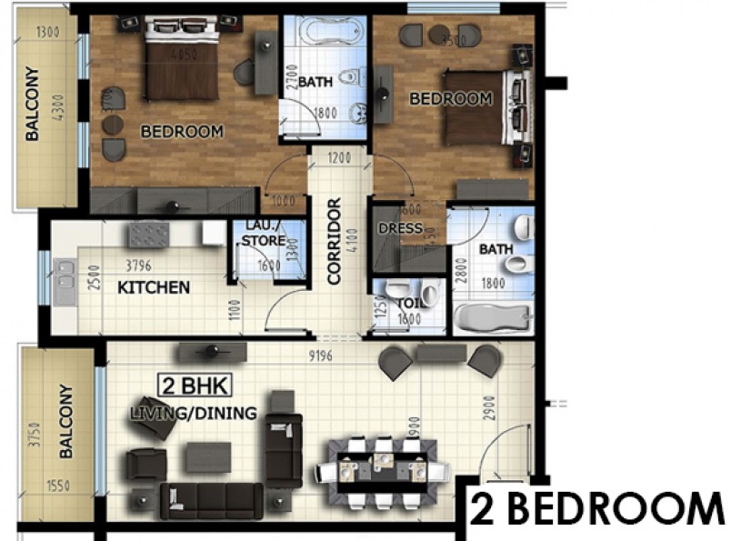 Auqa J8 2 Beds Layout