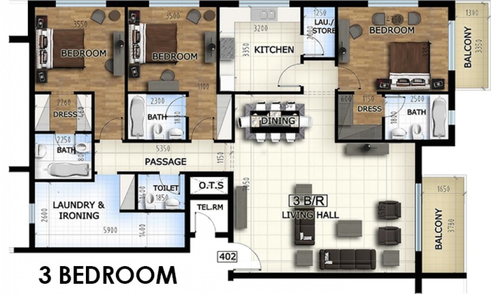 Auqa J8 3 Beds Layout