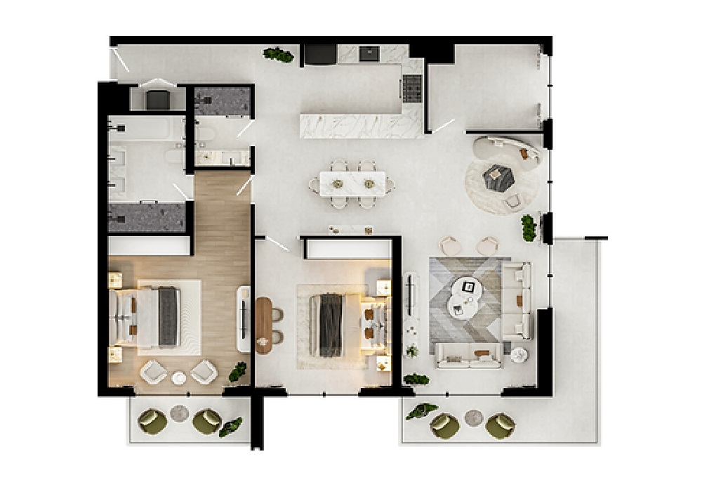 Aurora H Three 2 Beds Layout