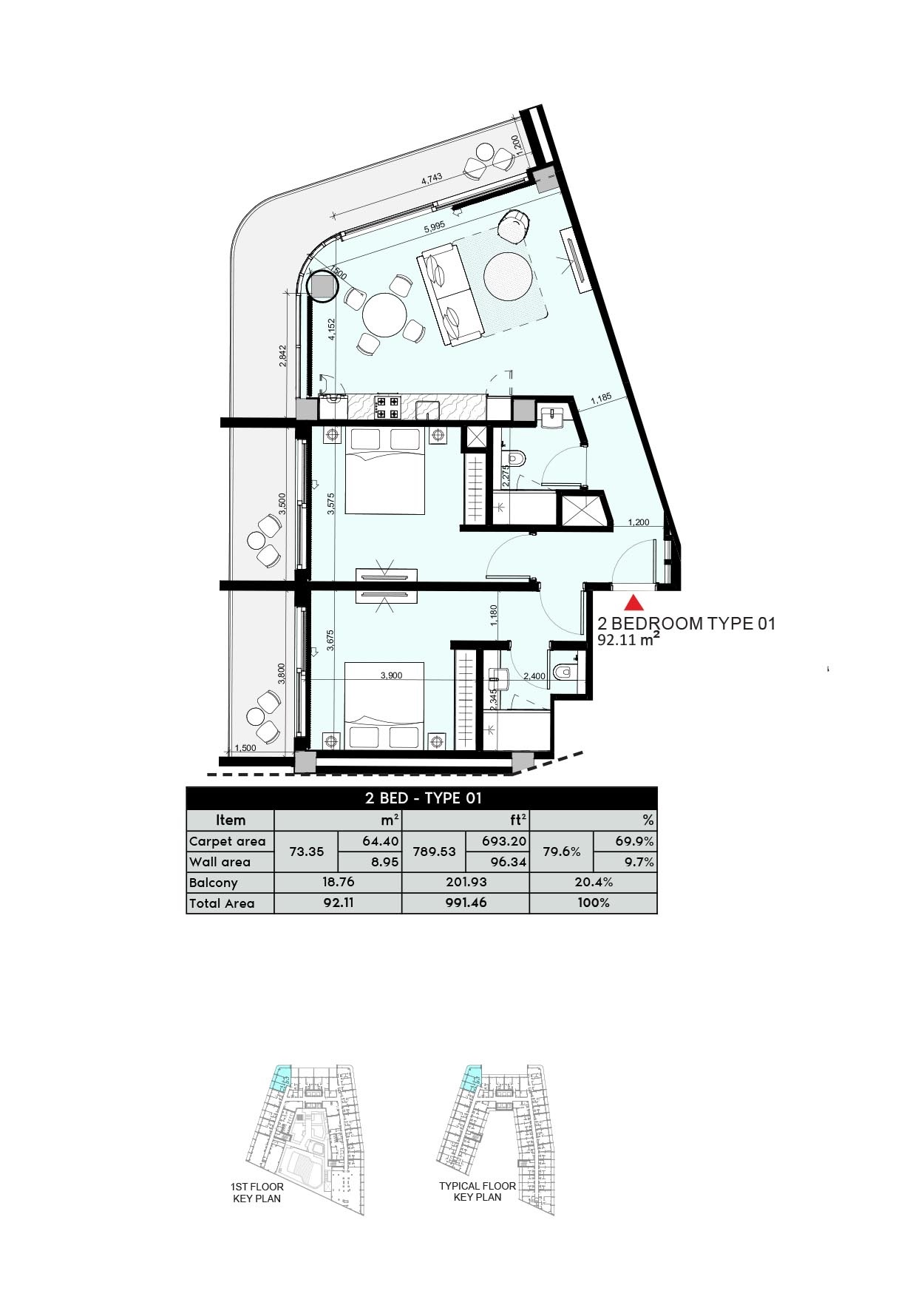 Azizi Arian 2 Beds Layout