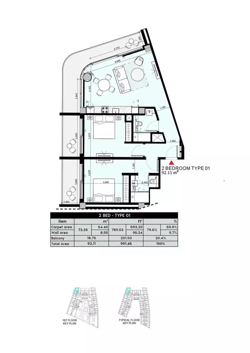 2 Beds 991 Sq. Ft. Apartment in Azizi Aryan