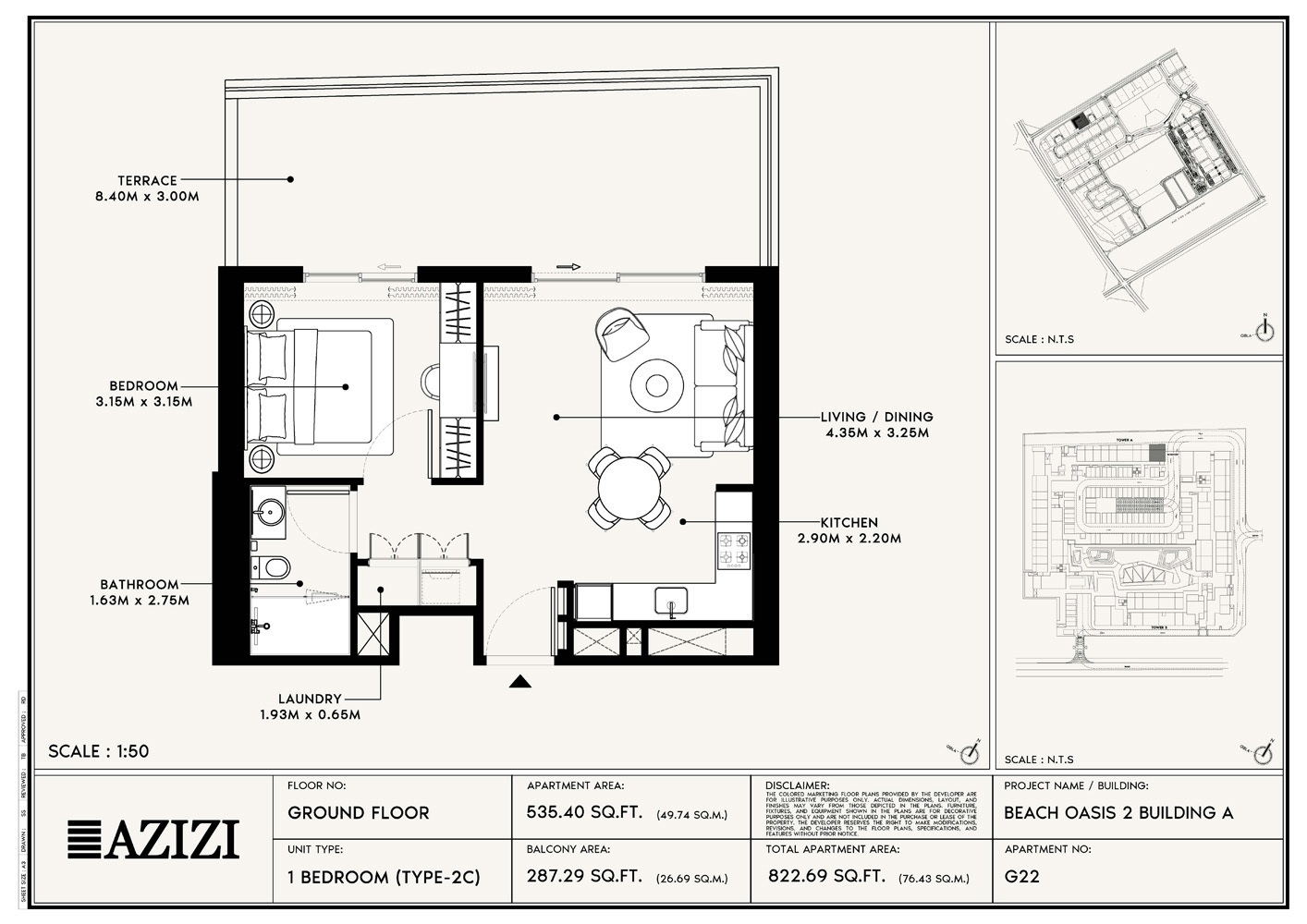 Azizi Beach Oasis 2 1 Bed Layout