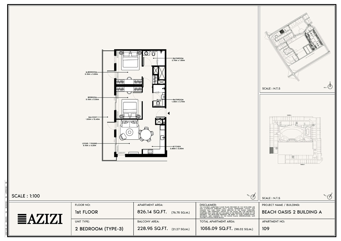 Azizi Beach Oasis 2 2 Beds Layout