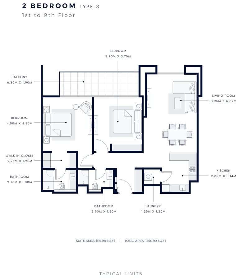 Azizi Central 2 Beds Layout