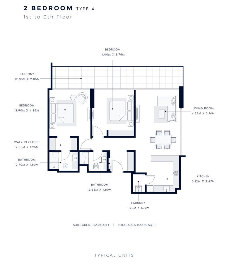 Azizi Central 2 Beds Layout