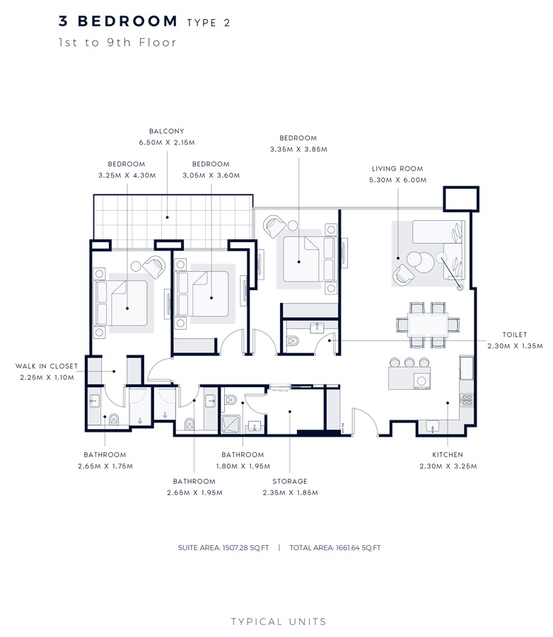 Azizi Central 3 Beds Layout