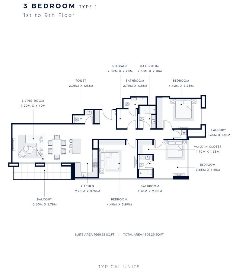 Azizi Central 3 Beds Layout