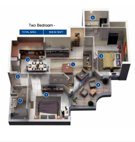 Azizi Pearl Apartments 2 Beds Layout