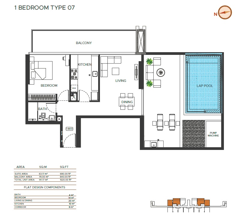 Binghatti Amberhall 1 Bed Layout