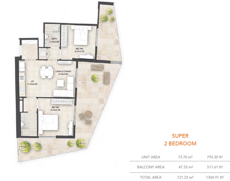 Binghatti Avenue 2 Beds Layout