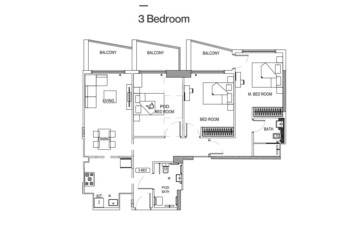 Binghatti Crest 3 Beds Layout